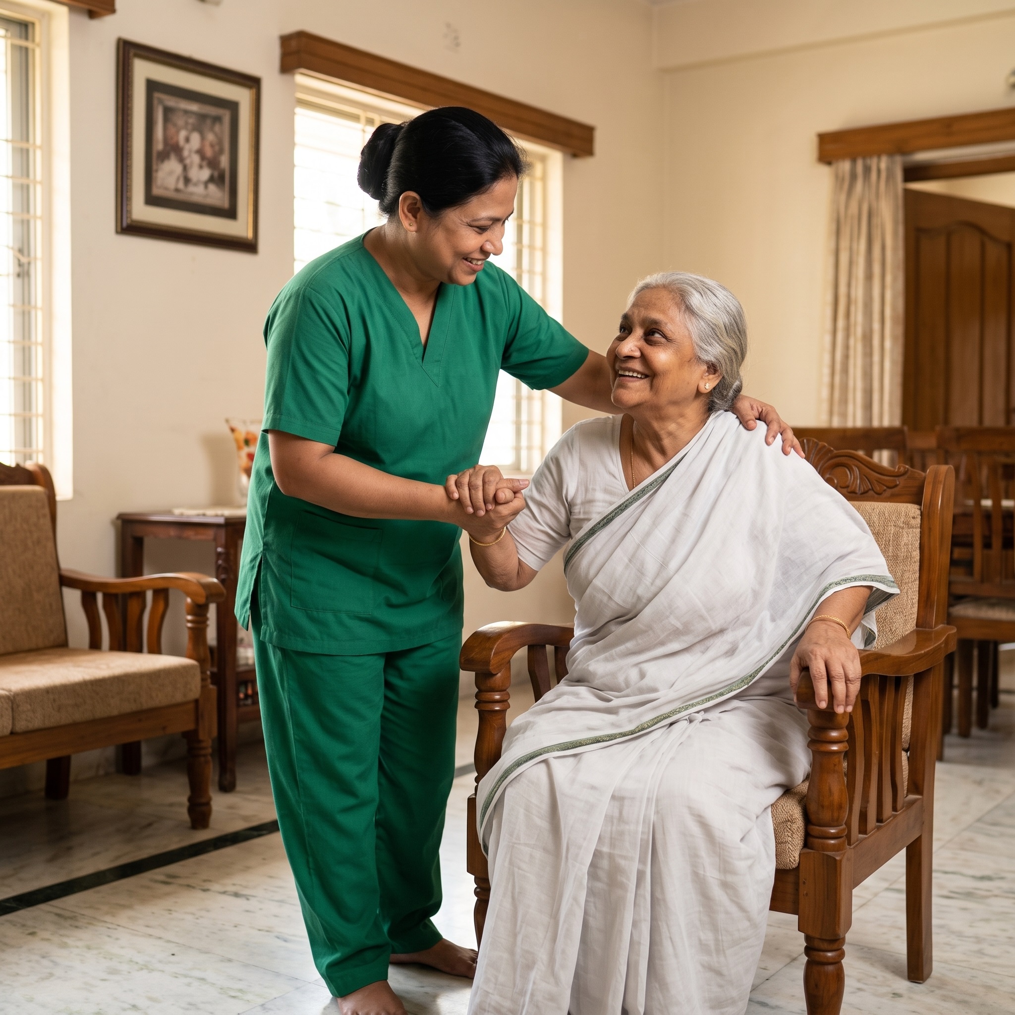 Friendly caregiver chatting with a senior citizen at home in Sylhet